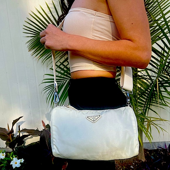 Prada Tessuto Nylon Crossbody Bag In Ecru
